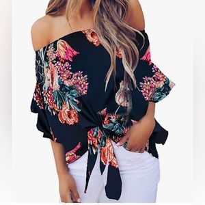 Asvivid Womens Casual Boho Floral Print 3/4 Flare Sleeve Off The Shoulder Top